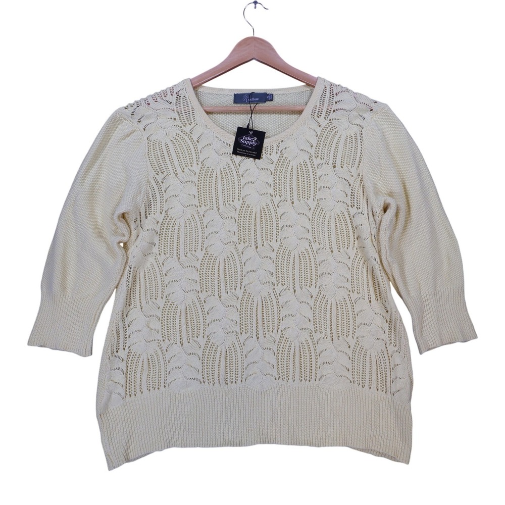 Willow Sweater Womens XL Cream 100% Cotton 3/4 Sleeve Pointelle Knit Crochet